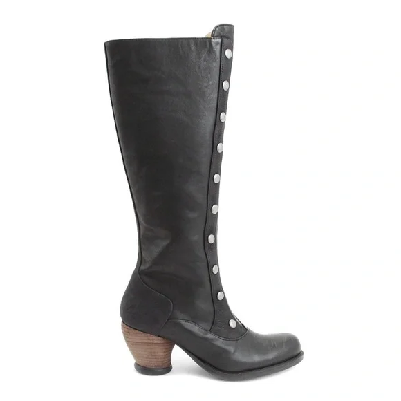 John Fluevog Dallas Black Tall Boots with Studded Shaft - Picture 3 of 16